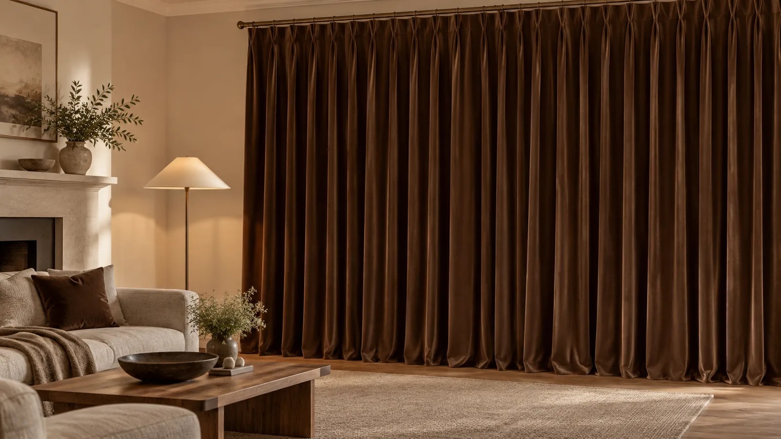 Living room with floor-to-ceiling cocoa velvet curtains