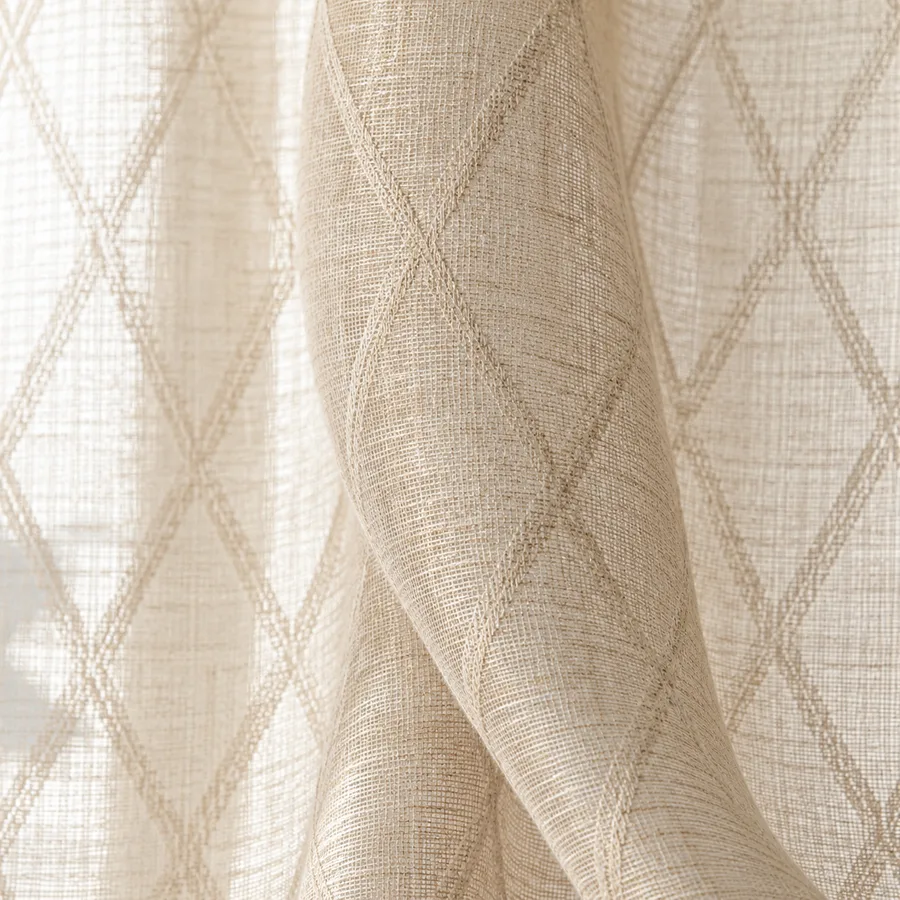 Beige woven-pattern linen-look sheer texture