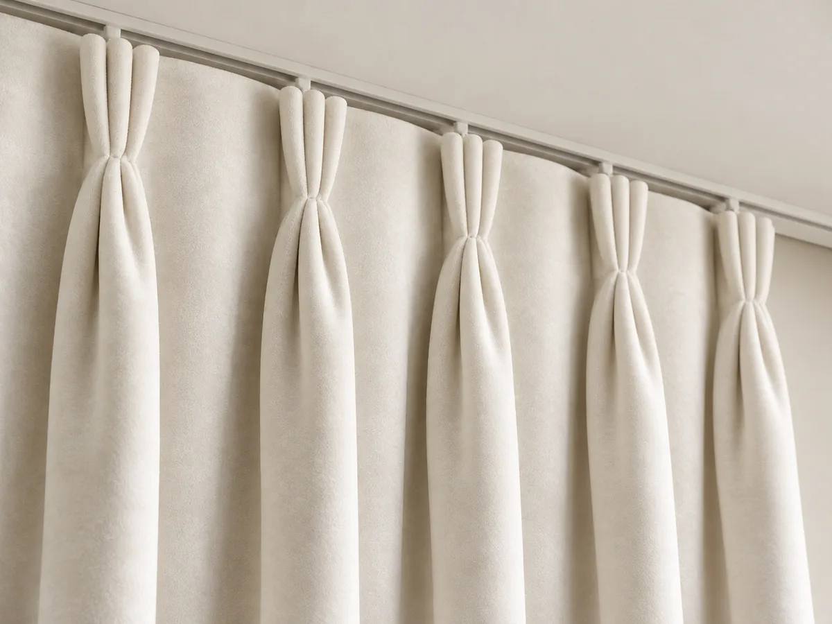 Close-up of chalk white velvet triple pinch pleats on a ceiling-mounted track