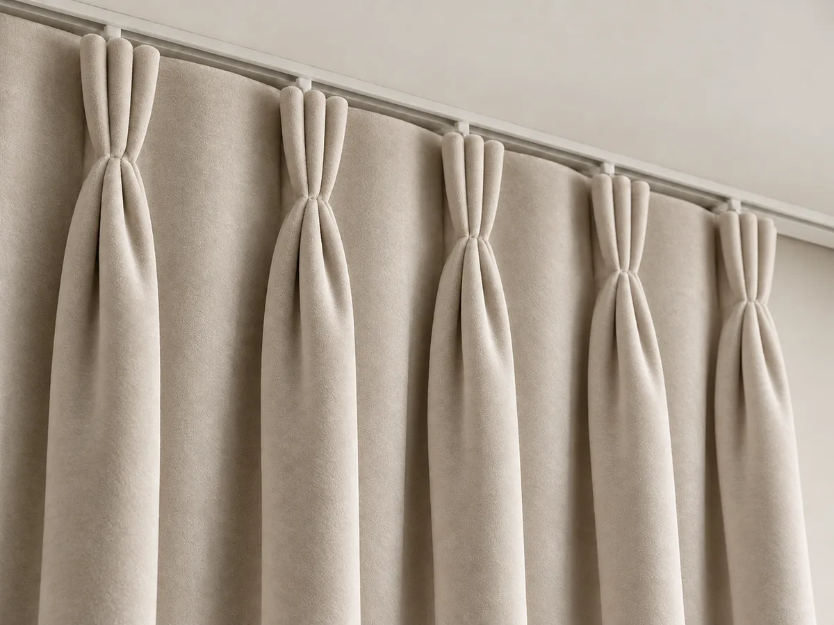 Close-up of light stone velvet triple pinch pleats on a ceiling-mounted track