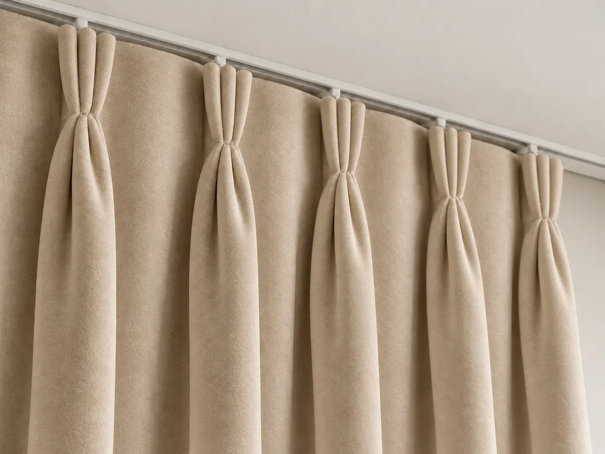 Close-up of soft oatmeal velvet triple pinch pleats on a ceiling-mounted track