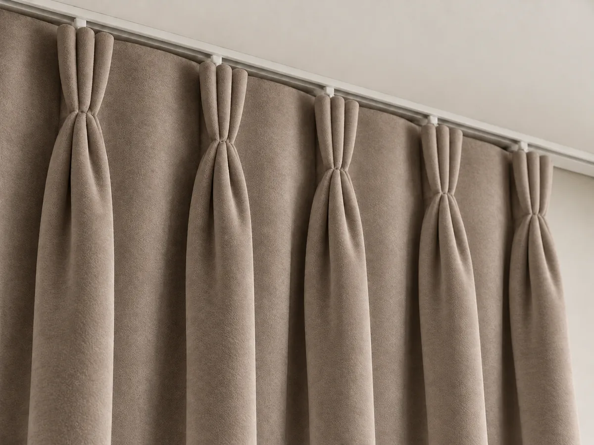 Close-up of muted taupe velvet triple pinch pleats on a ceiling-mounted track