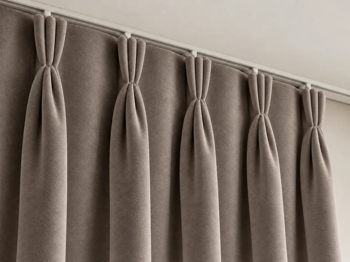 Close-up of mushroom velvet triple pinch pleats on a ceiling-mounted track