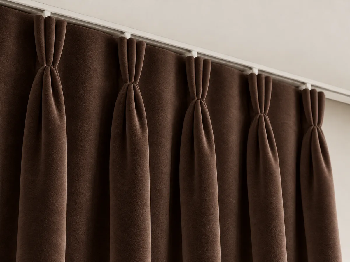 Close-up of espresso velvet triple pinch pleats on a ceiling-mounted track