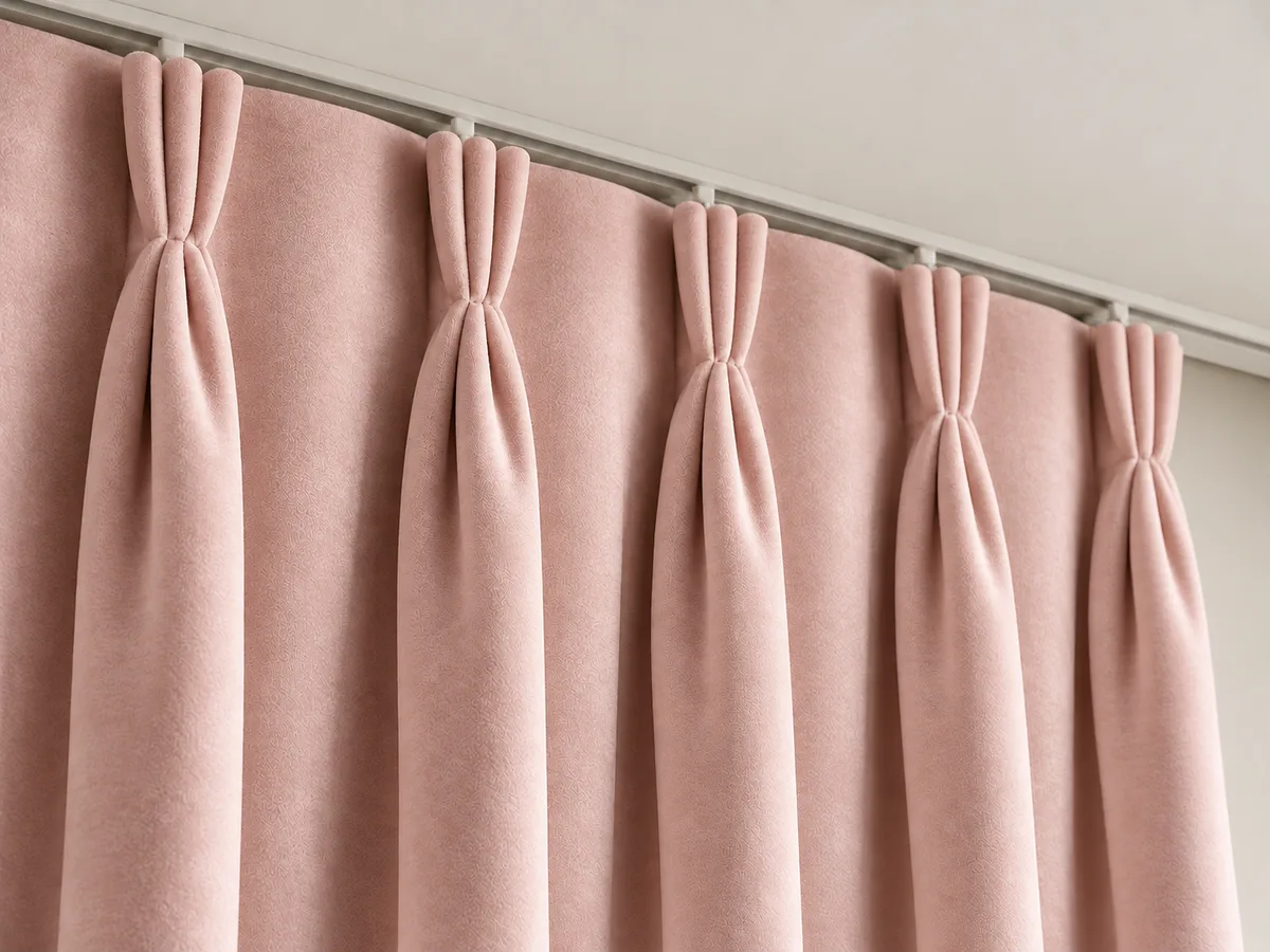 Close-up of soft blush velvet triple pinch pleats on a ceiling-mounted track
