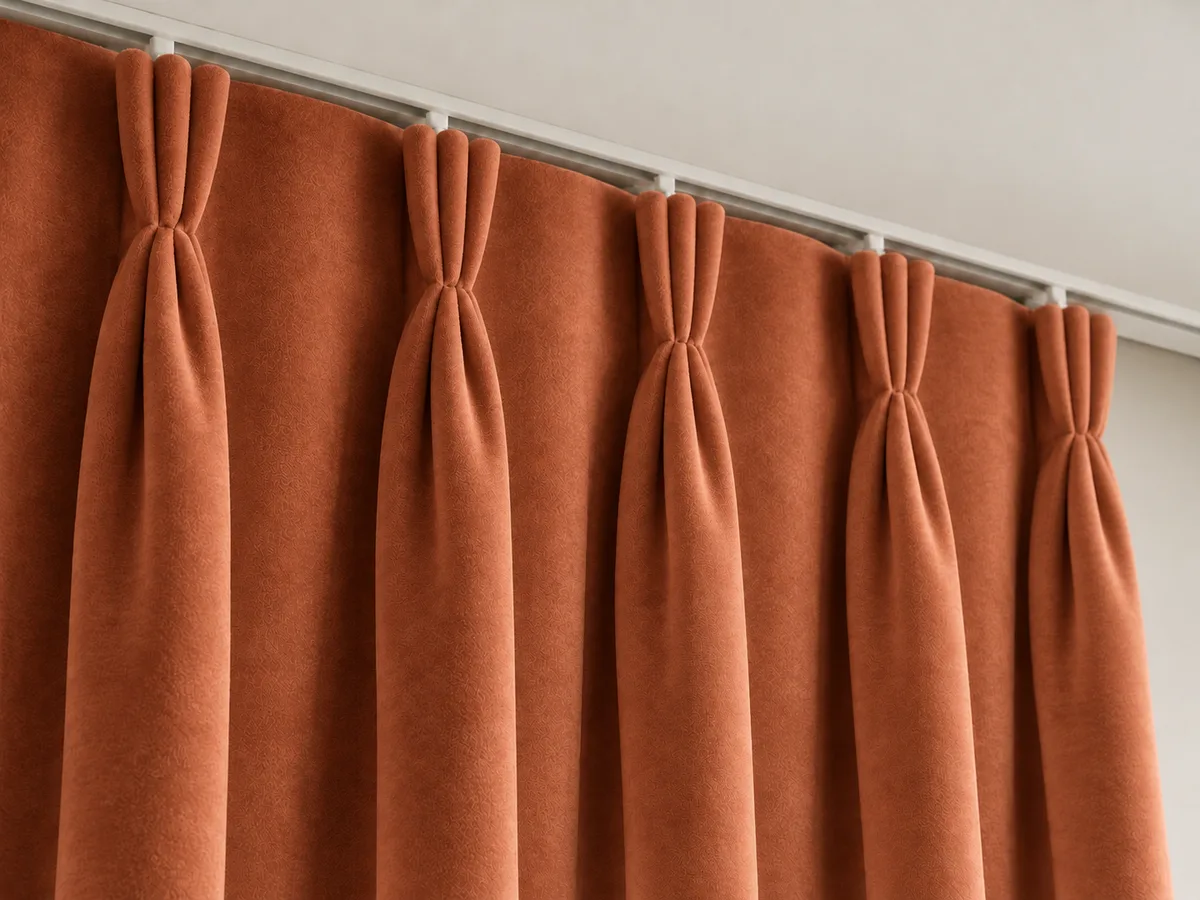 Close-up of terracotta velvet triple pinch pleats on a ceiling-mounted track