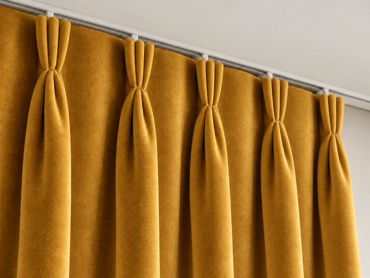 Close-up of ochre gold velvet triple pinch pleats on a ceiling-mounted track