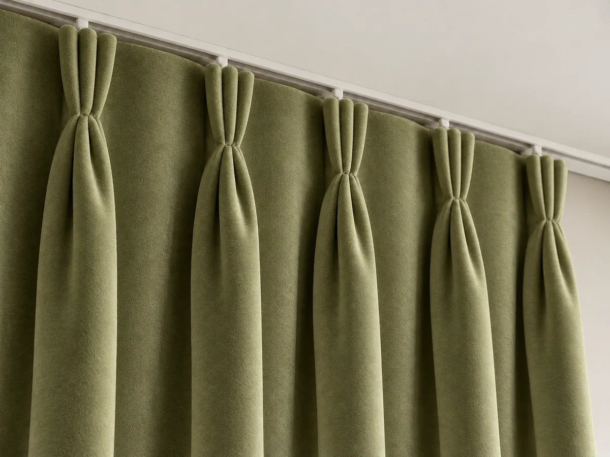 Close-up of soft olive velvet triple pinch pleats on a ceiling-mounted track