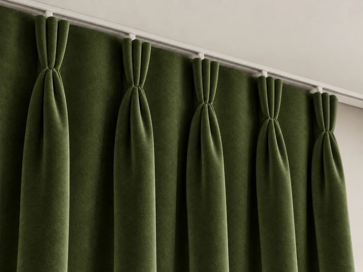 Close-up of deep moss velvet triple pinch pleats on a ceiling-mounted track