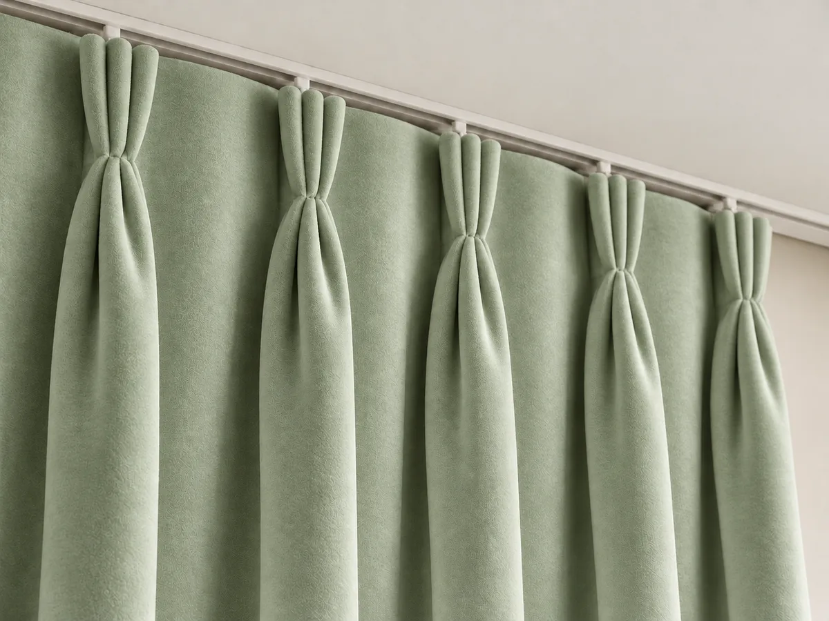 Close-up of pale sage velvet triple pinch pleats on a ceiling-mounted track