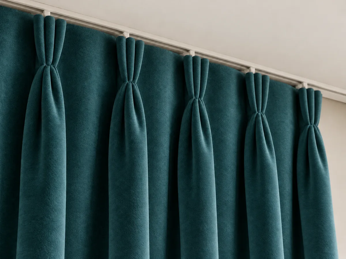 Close-up of deep teal velvet triple pinch pleats on a ceiling-mounted track