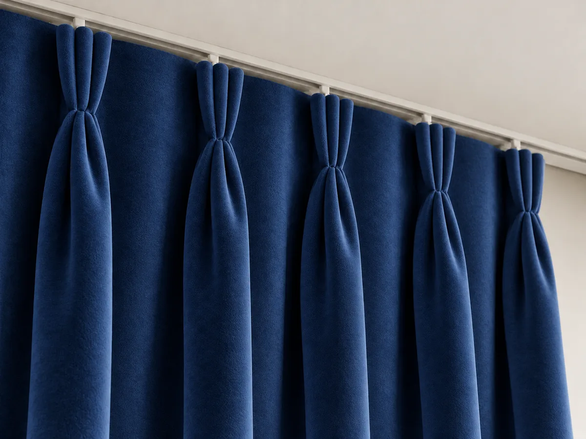 Close-up of classic navy velvet triple pinch pleats on a ceiling-mounted track