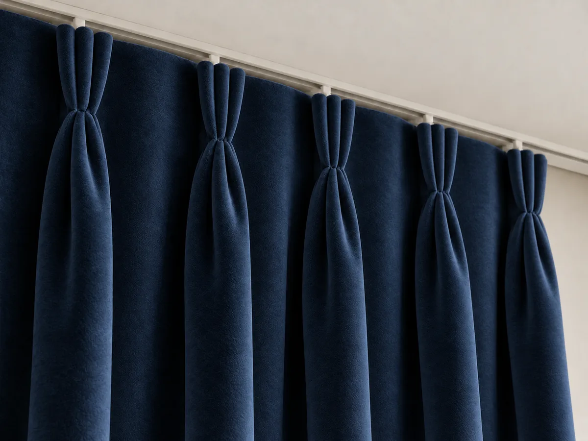 Close-up of ink blue velvet triple pinch pleats on a ceiling-mounted track