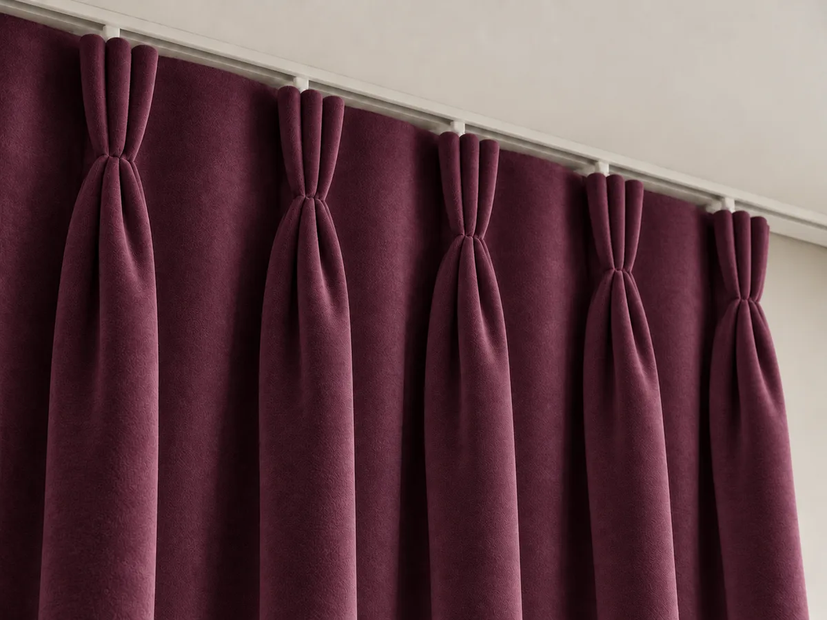 Close-up of deep plum velvet triple pinch pleats on a ceiling-mounted track