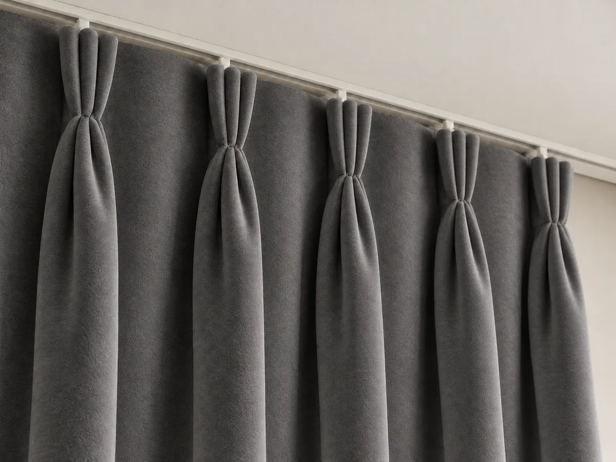 Close-up of soft charcoal velvet triple pinch pleats on a ceiling-mounted track