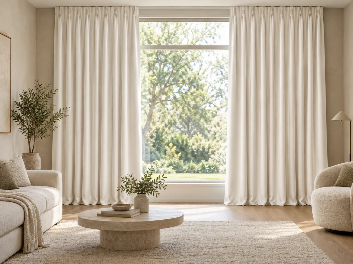 Furnished room with full-length chalk white velvet curtains on a ceiling track