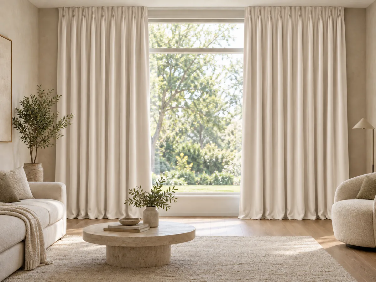 Furnished room with full-length soft pearl velvet curtains on a ceiling track