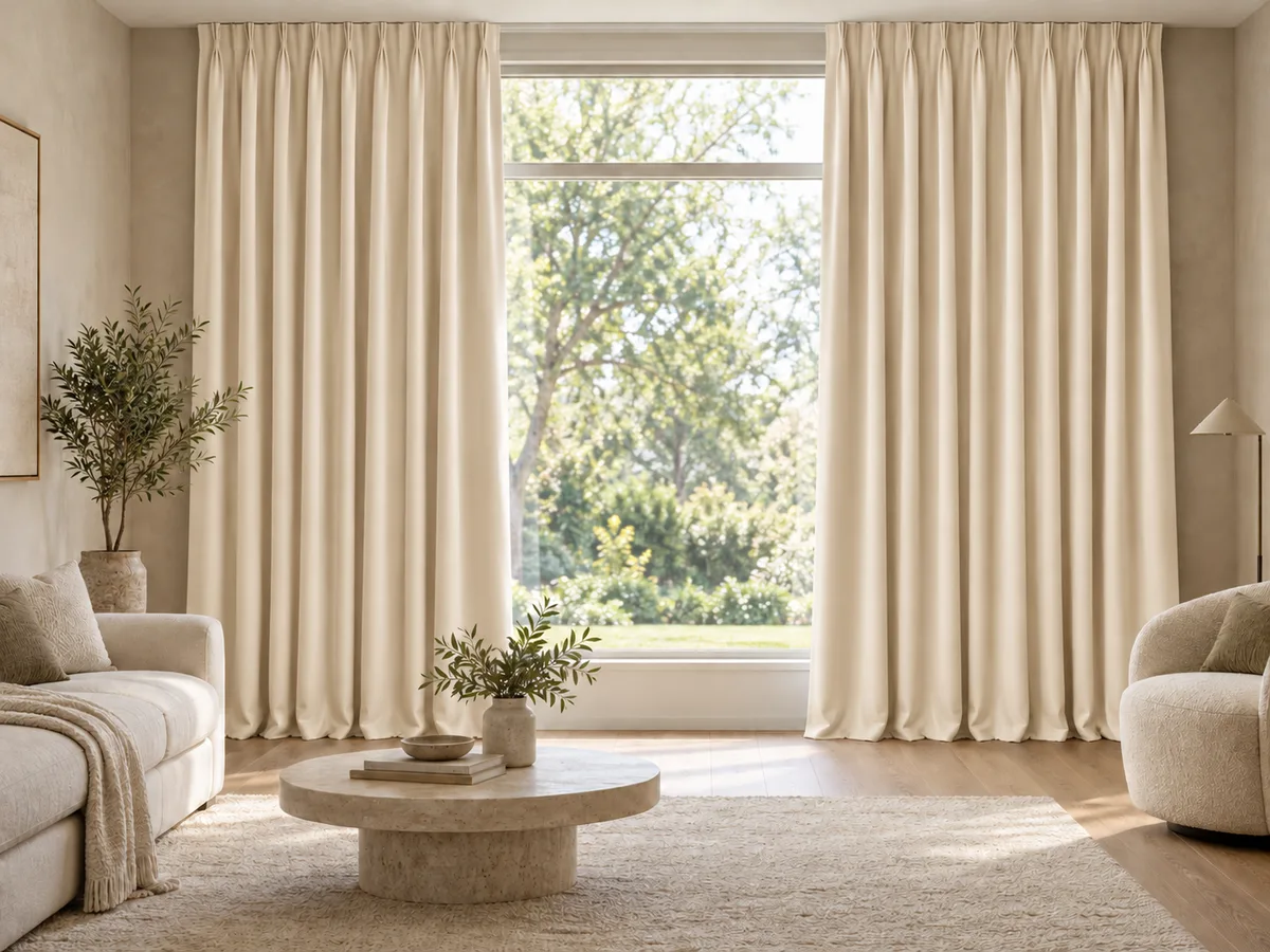 Furnished room with full-length warm ivory velvet curtains on a ceiling track