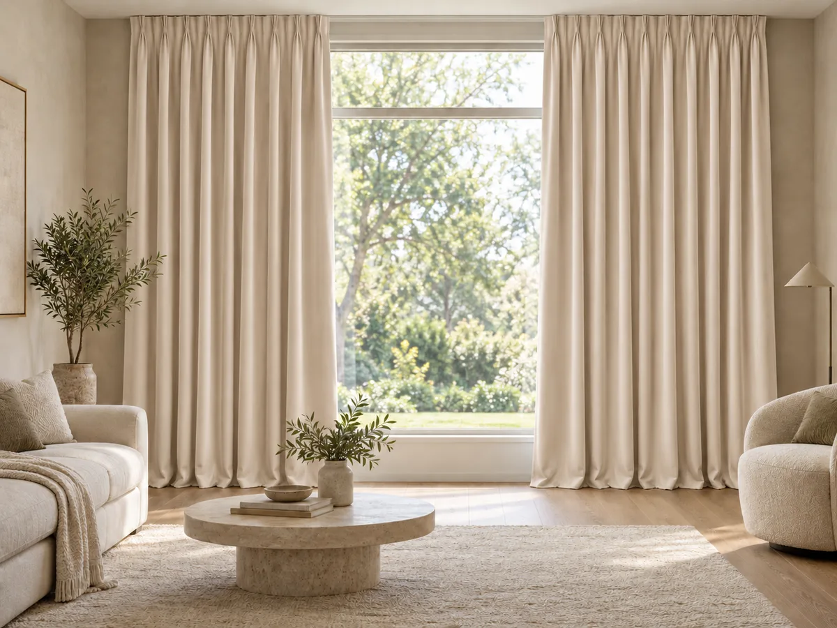 Furnished room with full-length pale oyster velvet curtains on a ceiling track