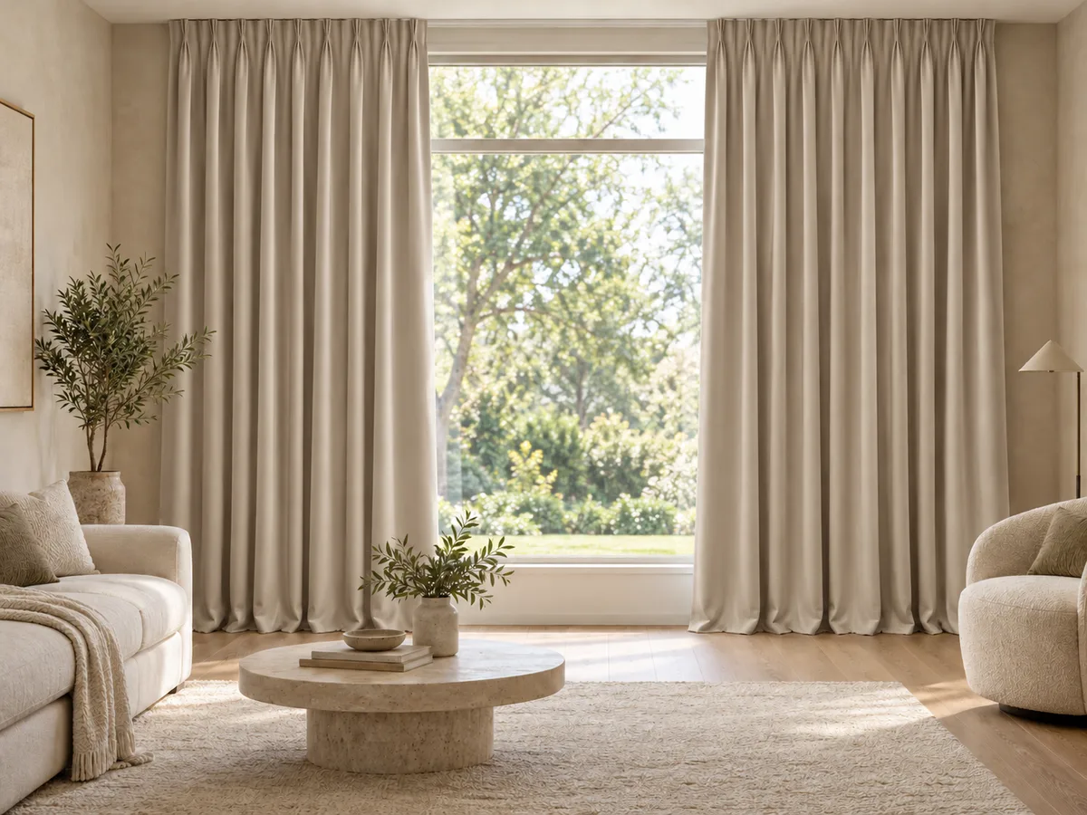 Furnished room with full-length light stone velvet curtains on a ceiling track
