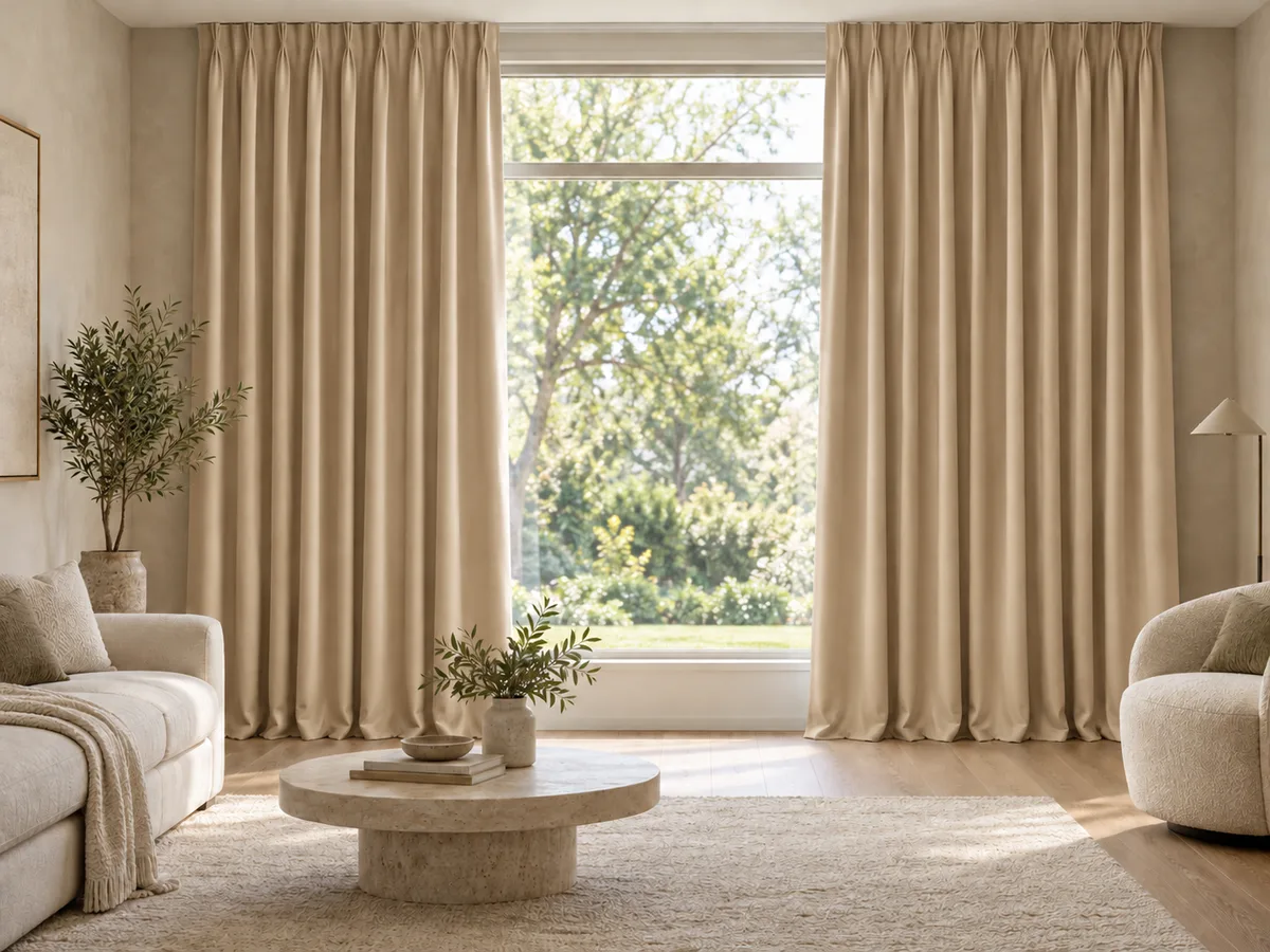 Furnished room with full-length soft oatmeal velvet curtains on a ceiling track