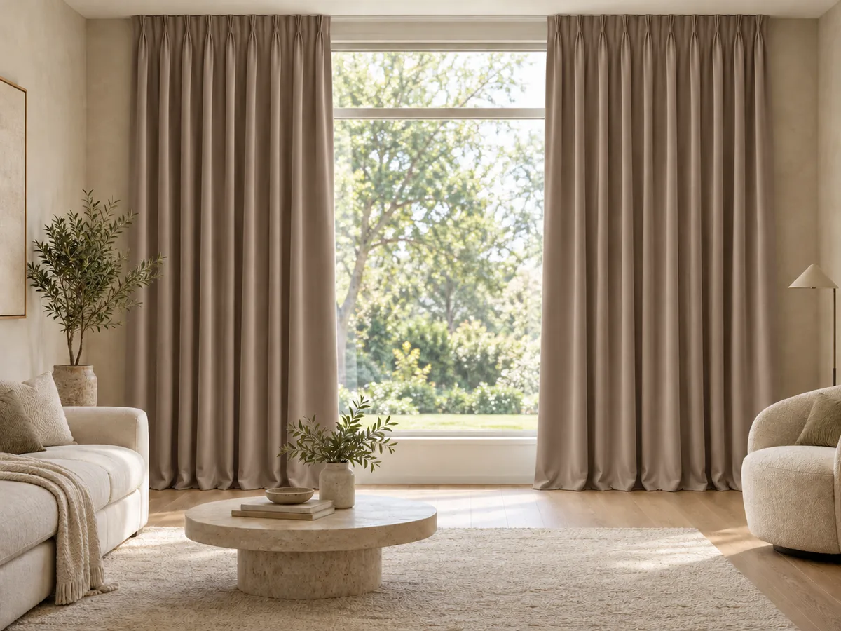 Furnished room with full-length muted taupe velvet curtains on a ceiling track