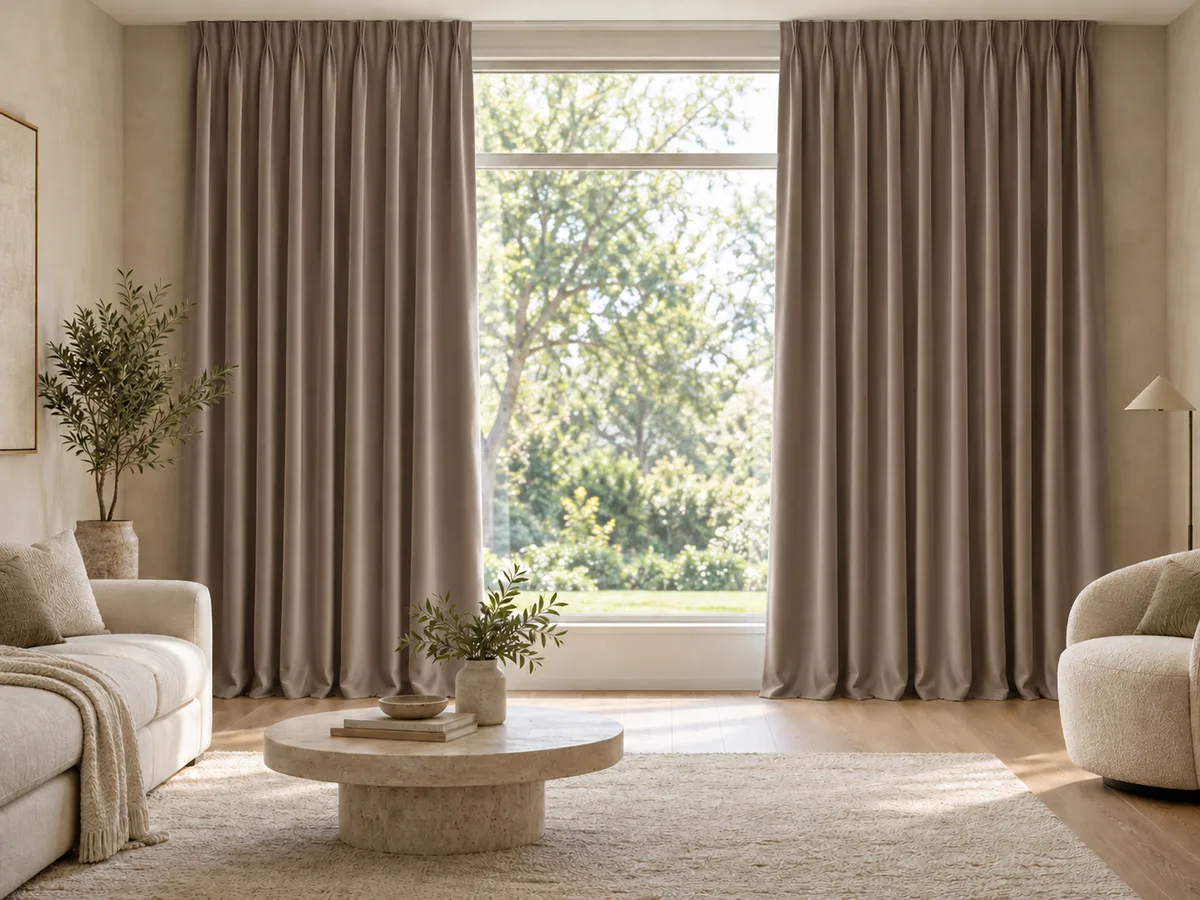 Furnished room with full-length mushroom velvet curtains on a ceiling track