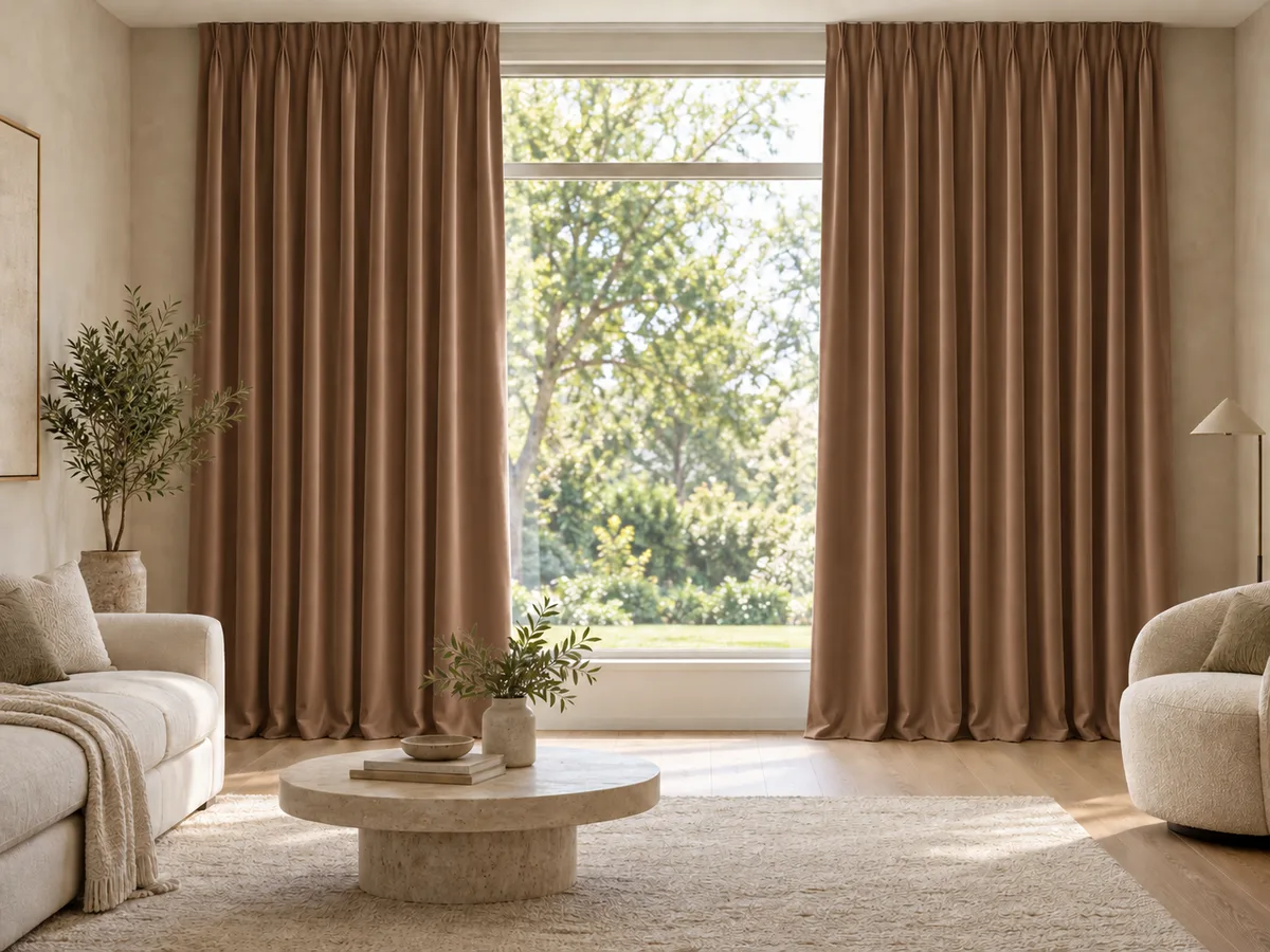 Furnished room with full-length warm mocha velvet curtains on a ceiling track