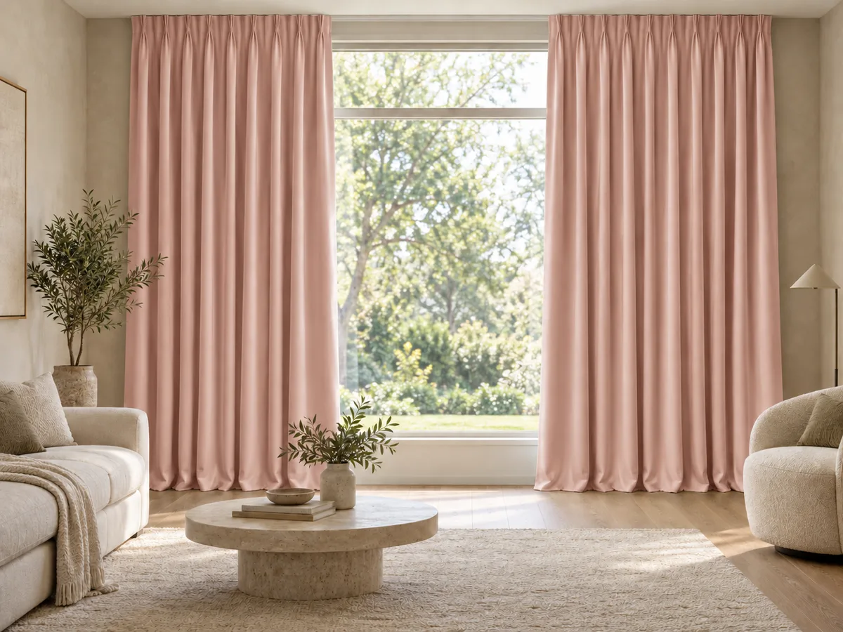 Furnished room with full-length soft blush velvet curtains on a ceiling track