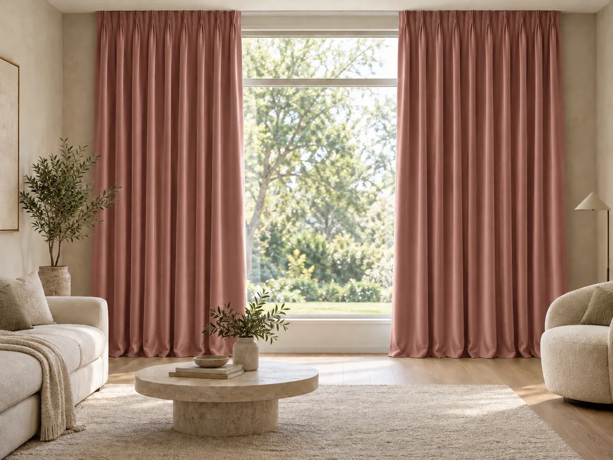 Furnished room with full-length dusty rose velvet curtains on a ceiling track