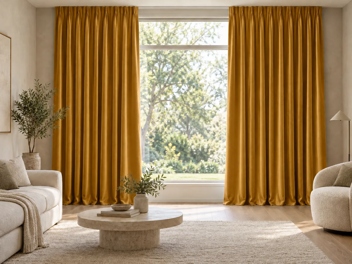 Furnished room with full-length ochre gold velvet curtains on a ceiling track