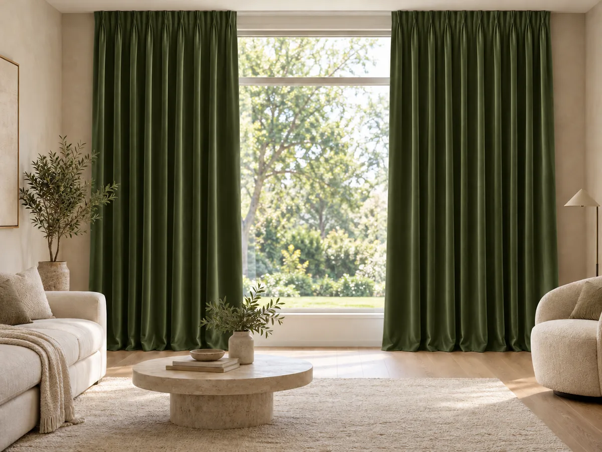 Furnished room with full-length deep moss velvet curtains on a ceiling track