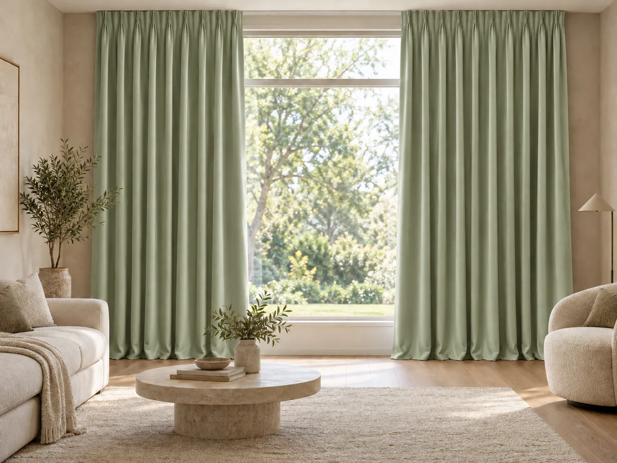 Furnished room with full-length pale sage velvet curtains on a ceiling track