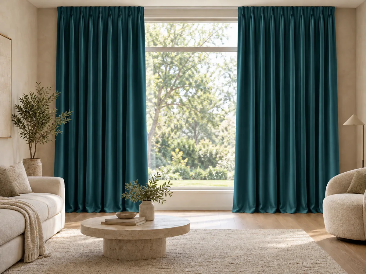 Furnished room with full-length deep teal velvet curtains on a ceiling track