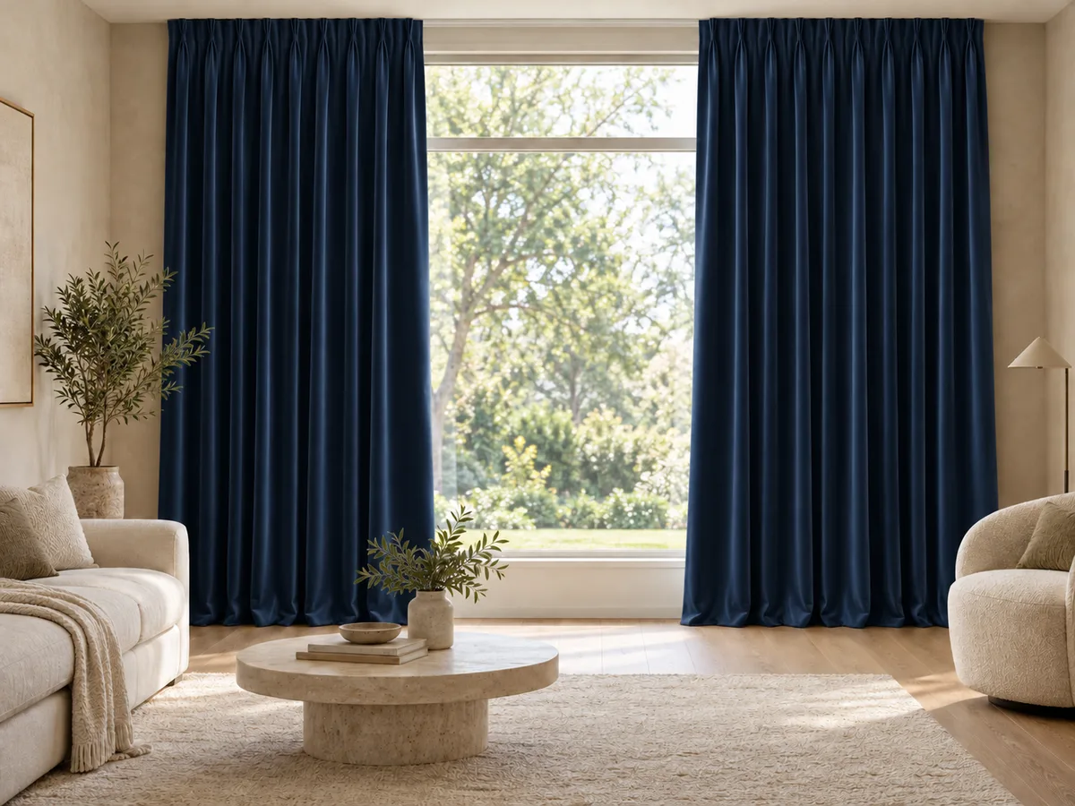 Furnished room with full-length ink blue velvet curtains on a ceiling track