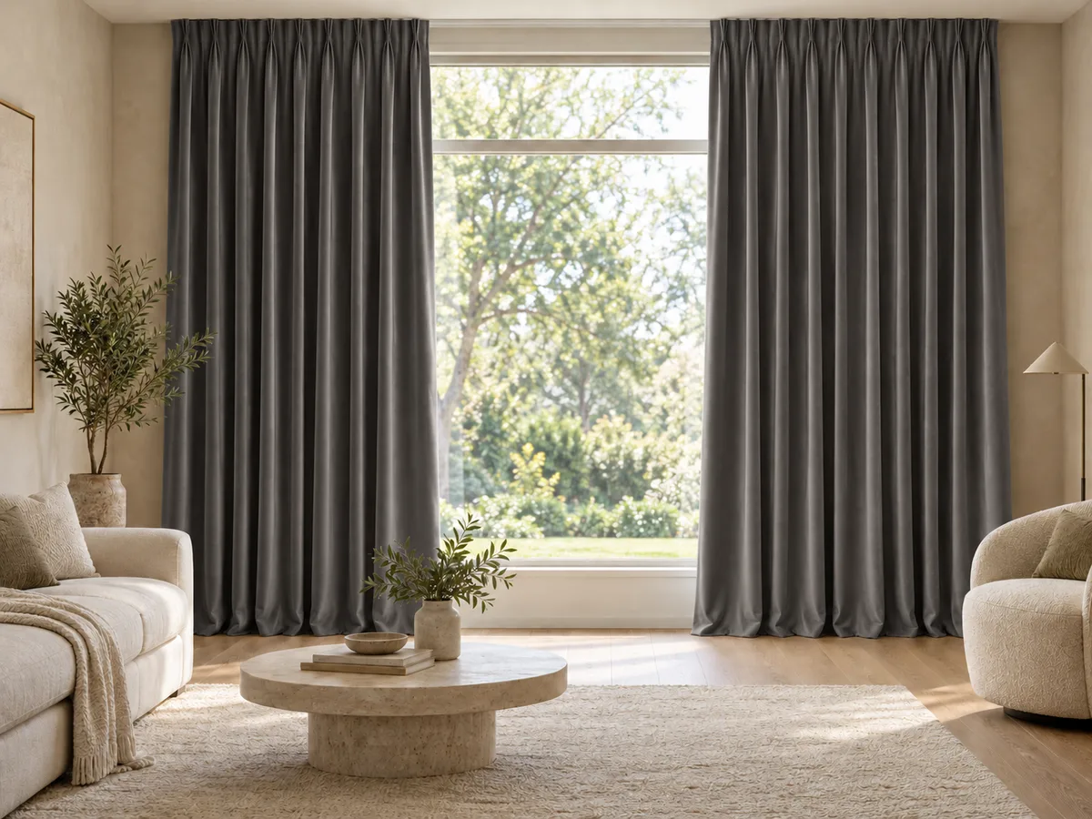 Furnished room with full-length soft charcoal velvet curtains on a ceiling track