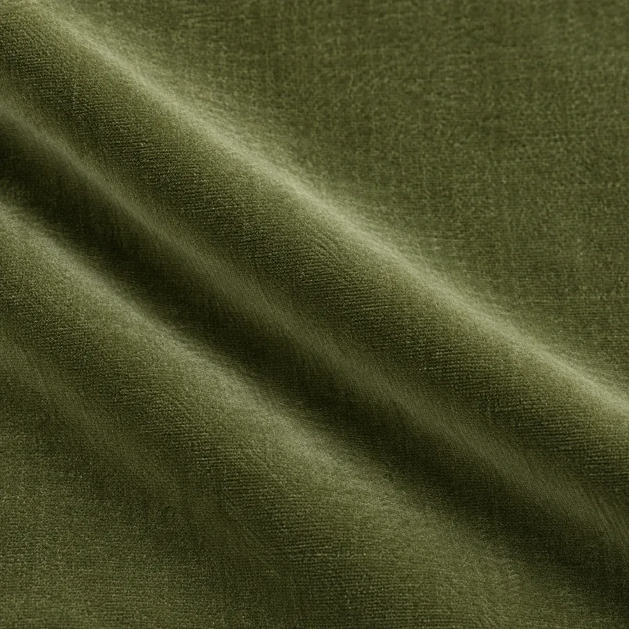 Close-up of soft olive plain velvet pile